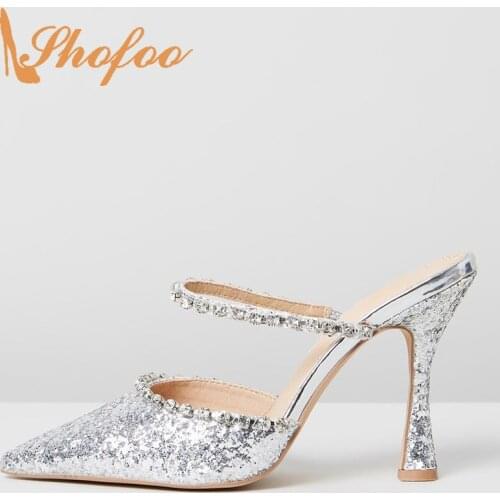 Silver Glitter Large Size 12 14 Woman Shoes Sequined Cloth Spool Heels Sandals High Thin Heels Pointed Toe Party Dress Footwear