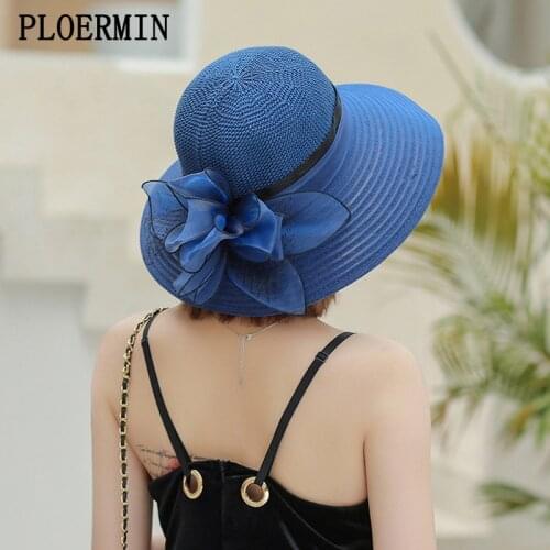 New Flower Summer Sun Hats For Women Beach Beige Organza Tea Party Hat Elegant Ladies Church Kentucky Derby Wide Brim Fedoras