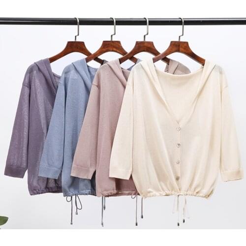 Linen Knitted Hooded Cardigan Women 2021 Summer Loose Sun Protection Coat Lace Up V Neck Short Jacket Female Cape Outerwear