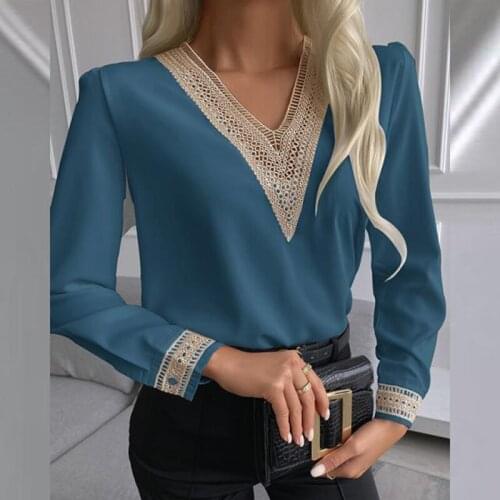 Women Office Lady Lace Patchwork Slim Blouse Long Sleeve Sexy Deep V neck High Street Shirt 2021 Autumn New Fashion Women Tops