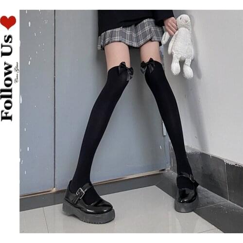 Harajuku Bow Over The Knee Stockings Female 2021 Gothic Dark Punk Black Polyester Breathable Socks Lolita Loli Socks Women