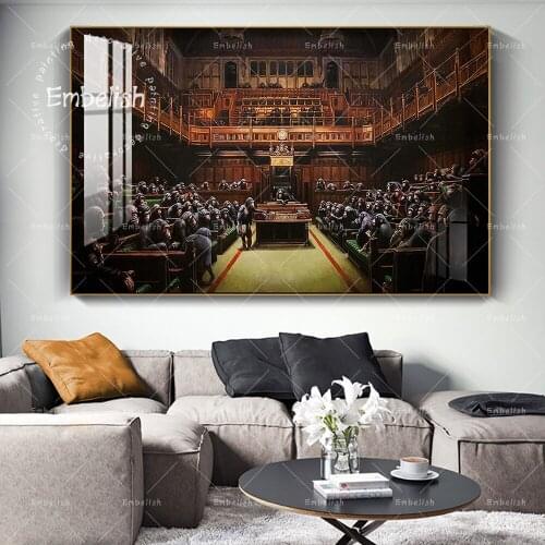 Devolved Parliament Graffiti Art Canvas Posters And Prints Monkey Meeting Street Art Paintings Animals Art Pictures Home Décor