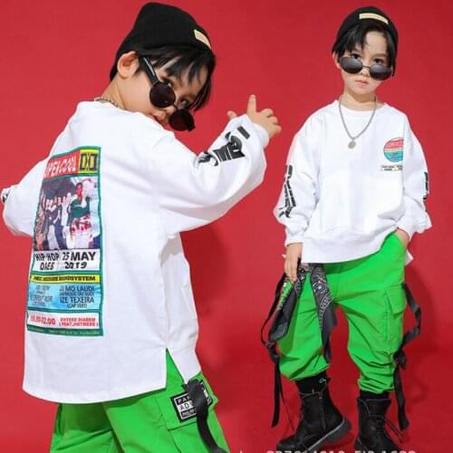 Kids Carnival Cool Hip Hop Clothing Loose White Sweatshirt Tactical Cargo Pants for Girls Boys Jazz Dance Costume Clothes Wear
