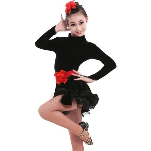 Children Latin Dance Dress Girls Autumn Winter Black Dress Women Long Sleeve Ballroom Performance Latin Dress