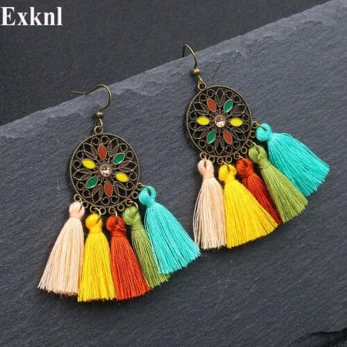 Exknl Yellow Drop Tassel Earrings Women Statement Flower Long Fringe Earrings Boho Ethnic Party Dangle Earrings Jewelry 2019