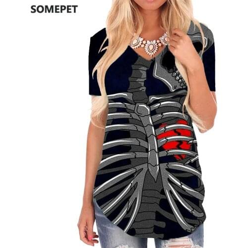 SOMEPET Skull T-shirt women Skeleton V-neck Tshirt Broken Heart Tshirts Printed Rock Shirt Print Womens Clothing Summer Cool