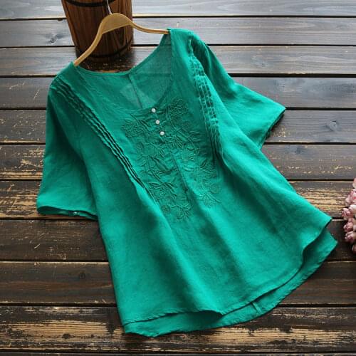Summer Casual Womens Clothes , Female Green White Shorts Sleeve Loose Linen Blouse Top Shirt , 4XL Tops and Blouses for Women
