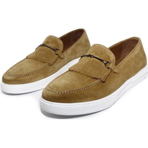 Handmade Kiltie Loafers with Lightweight & Soft EVA Sole, Mustard Yellow Real Cow Suede, Casual Shoes New Collection Spring 2021