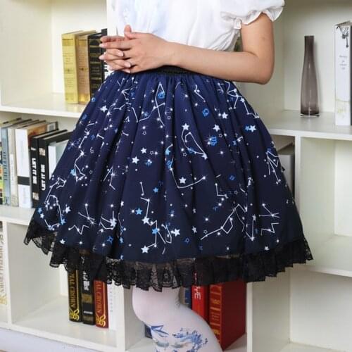 Cute Blue Sweet Constellation Printed Lolita Skirt Black Lace Trim Magic Tea Party Saia Japanese Harajuku Princess Women Skirt