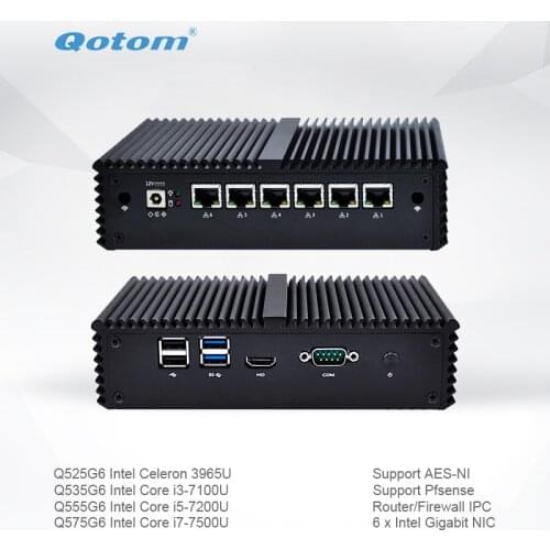 Qotom Mini PC Q500G6-S05 with Celeron Core i3 i5 i7 AES-NI 6 Gigabit NIC Router Firewall Support Linux Ubuntu Fanless Computer