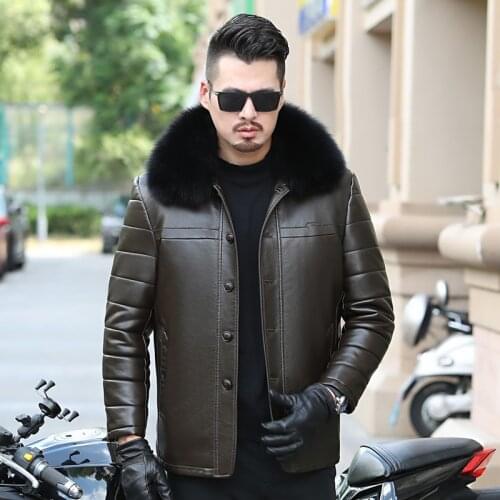 Mens Leather Jacket Men Leisure Coat Men Fur Lining Jackets Outerwear Parka