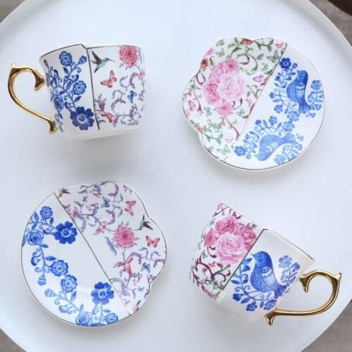Ceramic Retro Coffee Cups And Saucer Set Asymmetric Blue And White Porcelain Teacup Coffee Afternoon TeaSet