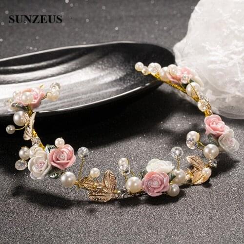 2020 New Bridal Headband With Pink Flowers Hand-made Crystal Pearls Hair Band Wedding Chain SQ0283