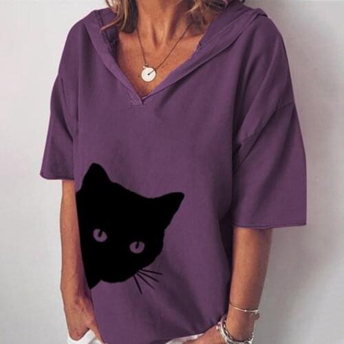New Women tshirt Loose Casual Linen Black Cat Head Printed Tops T-shirt Hooded Plus Size Tee Top Shirt Femme Half Sleeve Tshirt