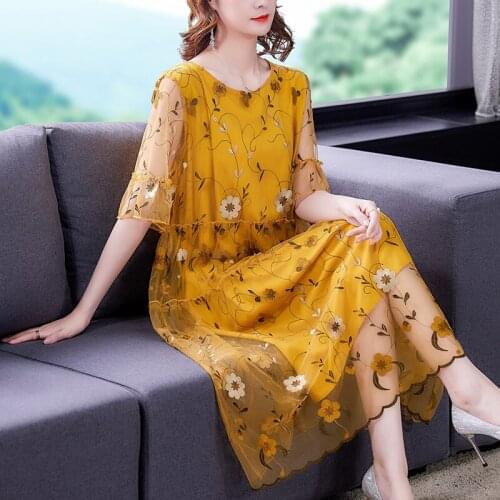 Heavy Industry Yellow Lace Dress For Women Plus Size 5XL Korean Clothing Short Sleeve Summer New Hook Flower Party Dress zh1440