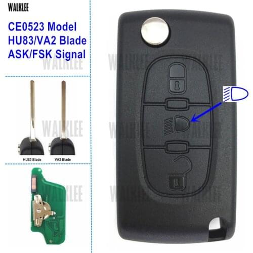 WALKLEE Remote Key work for PEUGEOT 207 208 307 308 407 Partner Keyless Lamp/Light Button (CE0523, ASK/FSK, HU83/VA2)
