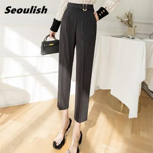 Seoulish New 2021 Formal Womens Harem Pants Summer Casual Pant High Waist Button Female Elegant Ankle Length Trouses Pocket