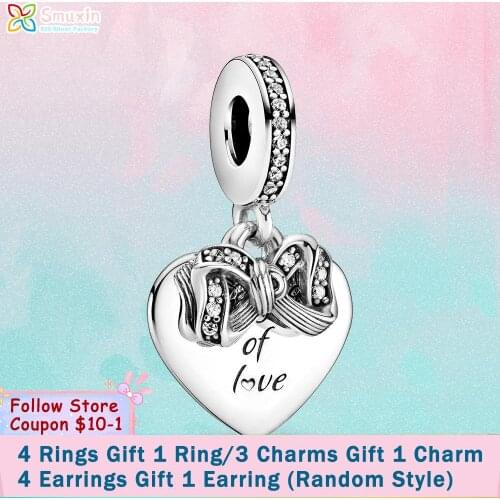 Smuxin 925 Sterling Silver Beads Bow & Love Heart Dangle Charm fit Original Pandora Bracelets for Women Jewelry Making Gift