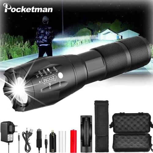 8000lm LED Flashlight Waterproof Torch Use 18650 Battery Rechargeable Flashlight USB DC Charging Hand Light Zoomable Torch