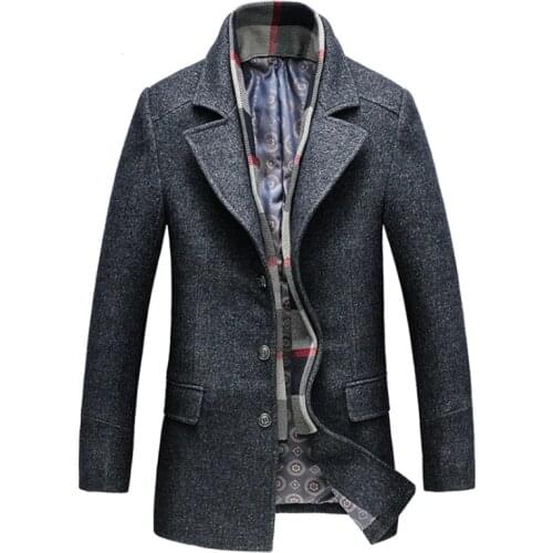 Winter Trench Coat Men Thick Wool & Blends Jacket Detachable Scarf Casual Mens Woolen Coat Grey Long Male Outerwear