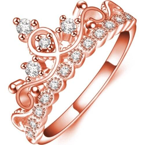 Royal Princess Crown Vintage Mounting Design Three Cubic Zirconia Stone Halo Rose Gold Engagement Ring