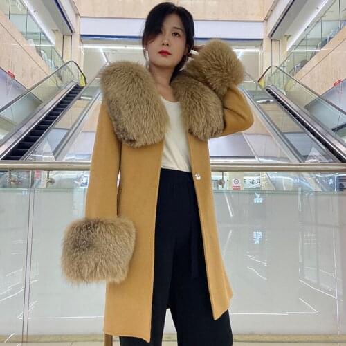 Women Cashmere Jacket Natural Fox Fur Collar And Cuffs Female Autumn Winter Long Warm Outwear High Quality