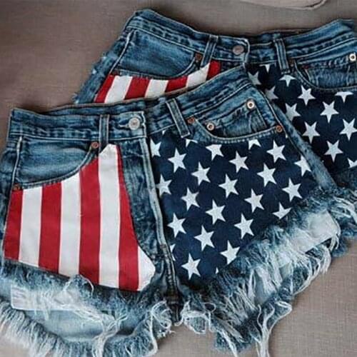 2021 Women New Fashion Hight Waisted Tassel Jeans Shorts USA Flag Printed Short Blue Jeans