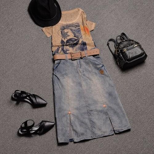 Skirt Suit 2021 Summer New Fashion Round Neck Plus Size Short Sleeve T-shirt Cowgirl Skirt Suit