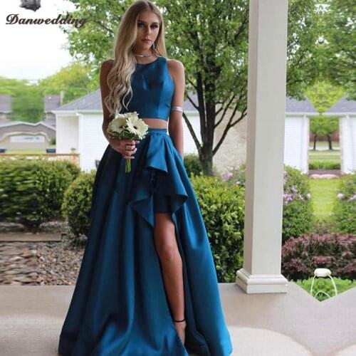 Vintage Satin Two Pieces Set Evening Dresses Scalloped Neck High Low Prom Dress Sexy Girl Party Dresses Zipper Back New Models