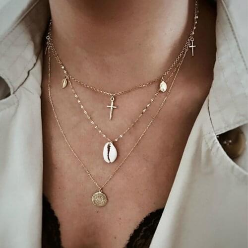 2020 New Jewelry Bohemian Cross Pendant Gold Color Necklaces For Women Vintage Shell Choker Multi-layer Necklace Wholesale