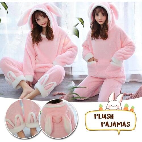 Winter Coral Fleece Pajama Set Women Thick Warm Flannel Velvet Cozy Two Piece Sleepwear Rabbit Ear Hooded Home Clothing Homewear