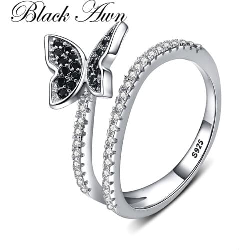 [BLACK AWN] Cute 925 Sterling Silver Jewelry Black Spinel Elegant Butterfly Engagement Rings for Women Zircon Finger Ring G059