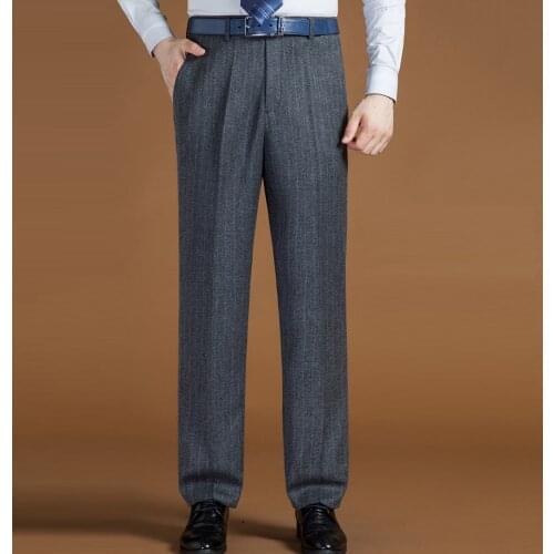 ICPANS High Waist Wool Men Casual Pants Classic Straight Loose Pleated Black Suit Pant For Men Formal Trousers Mens Size 42 44