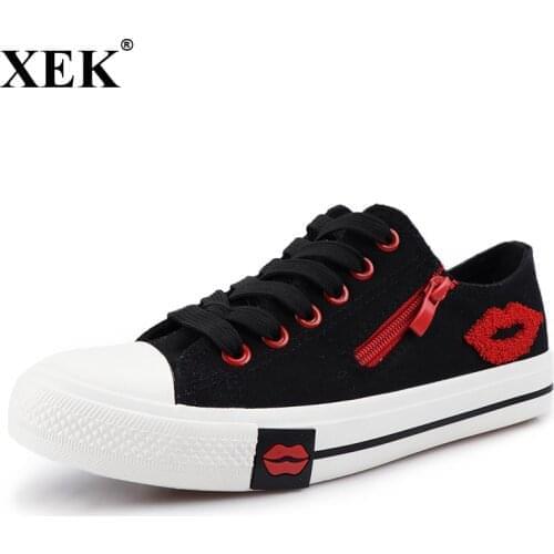 XEK Designer Women Sneakers Lips Walking Canvas Shoes Female White Women Trainers Basket Zipper Black JH246
