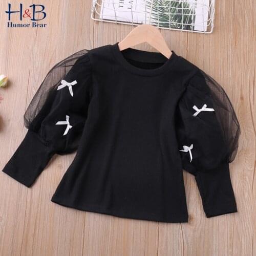 Humor Bear Girls' Bottoming Shirt New Spring Autumn Puff-Sleeve Fashion Top Mesh Yarn Patchwork Princess Children Kids Top