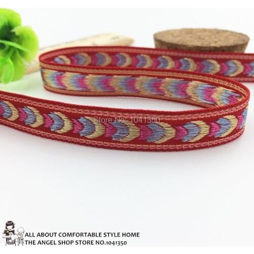 1/2'' 12mm 20Yards Red Woven Jacquard Ribbon With Multicolor Geometric Sewing Label Tag For Patchwork DIY Dog Collar