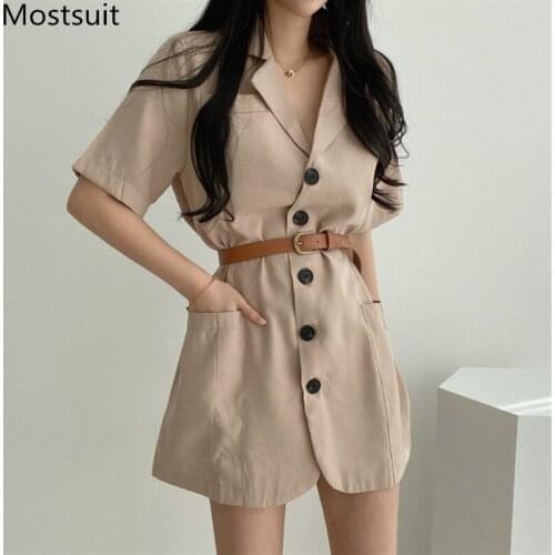 Summer Single Breasted Belted Blazer Women Short Sleeve Notched Collar Pockets Suit Tops Korean Office Ladies Workwear Blazer