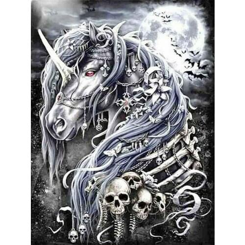 Moonlight White Horse Diamond Painting Round Full Drill DIY Mosaic Embroidery Cross Stitch Skull Head Halloween Animal Pattern