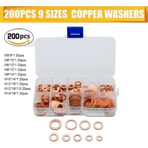 200x Boxed Crush Car Gasket Assorted Ring Set Engine Copper Solid Washer Seal Flat Car Boat Generator Plant Gasket Accessories