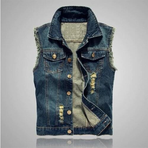 New Mens Fashion Frayed Blue Casual Denim Jacket Vests Korean Style Trend Mens Hole Light Blue and Dark Blue Denim Coats
