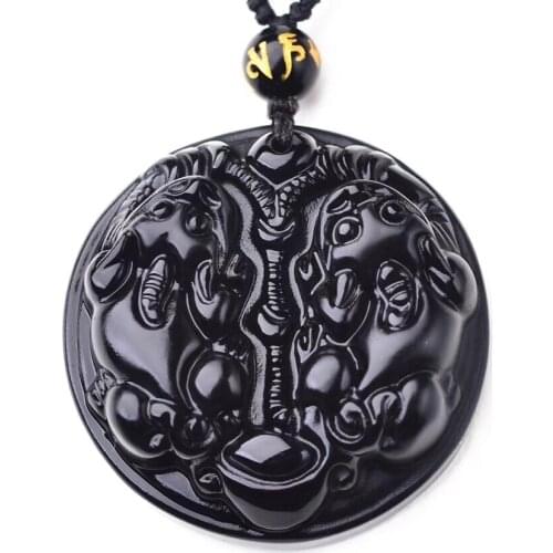 Natural Black obsidian carving ancient god beast pixiu Guardian Necklace Fashion Jewelry pendant Supernatural Amulet Knot Lucky