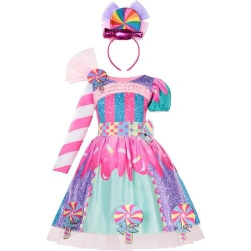 2021 New Style Sweet Candy Girls Dress Costumes With Hairband Children Fashion Rainbow Colorful Print Kids Dress Up Clothing