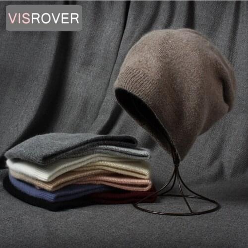 VISROVER 10 color unisex Autumn winter solid color rabbit cashmere beanies with pompom New cashmere man woman Warm wool skullies