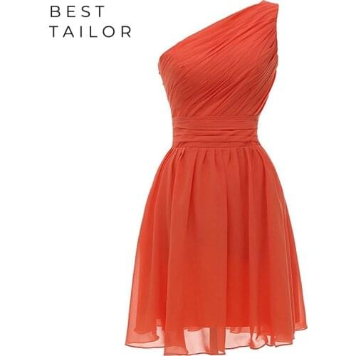 Bridesmaid Dresses Knee Length Maid of Honor Gowns One Shoulder Coral Pumpkin 2021 Pleated Wedding Party Guest Wear Custom Size