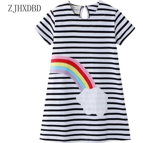 Short Sleeve Striped Black White Color Rainbow Pattern Girls Print A-line Pricess Dresses 2020 New Dress for Girls Kids Children