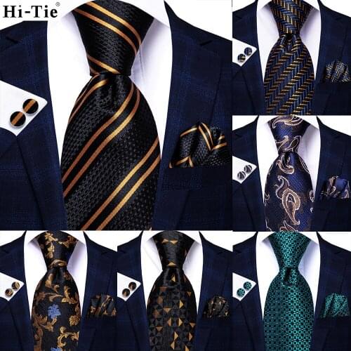 Hi-Tie Black Gold Striped Paisley Mens Necktie Silk Wedding Nicktie For Men Hanky Cufflinks Gift Set Business Party Dropshipping