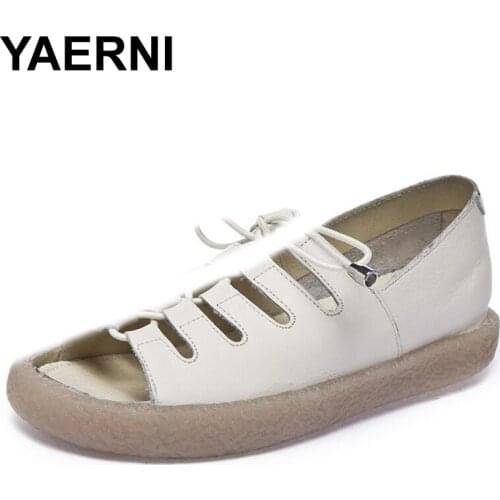 YAERNI Original Cowhide Cross-tied Handmade Women Sandals Retro Style Genuine Leather Shoes Rome Open Toe Summer Sandals