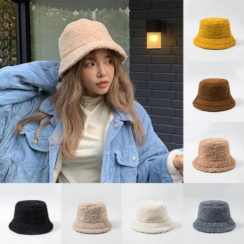 Unisex Wool Furry Round Bucket Hat Warm Fisherman Hat Girl Winter lamb Wool Furry Hat 2020 Korea Wide Brim Outdoor Sunscreen Cap