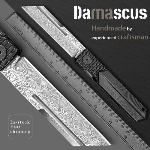 Titanium Handle Damascus Folding Knife Japanese Higonokami with Sheath EDC Pocket Tactical Knives for Self Defense Hunting Gift