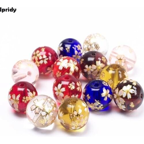 Glass Japan Painting Vintage Japanese Colored Drawing Beads Round the bottom of color Flower Pattern Transparent 12mm 5 Pcs